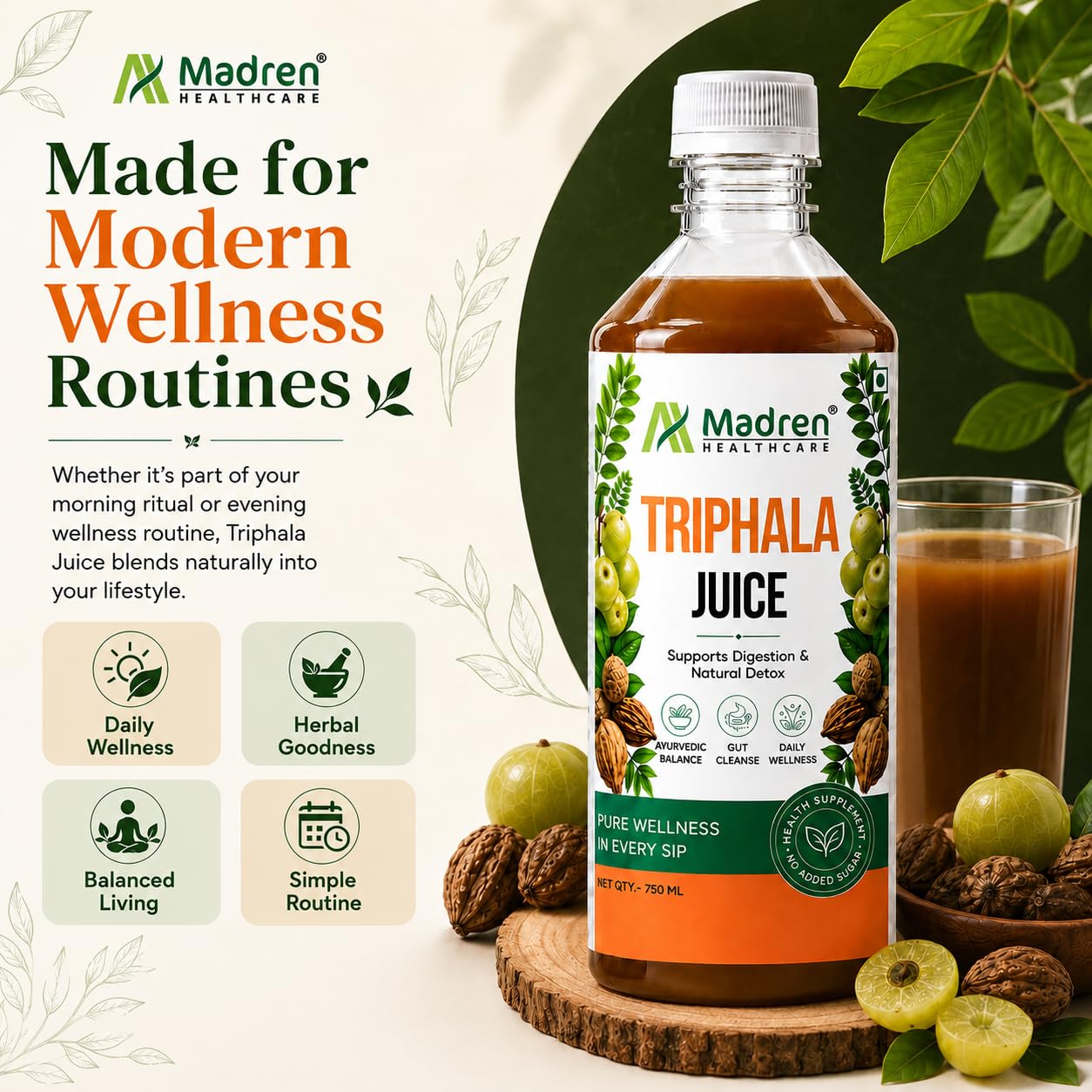 Madren Healthcare Ayurvedic Triphala Juice 750ml | Amla, Baheda & Haritaki Blend | Supports Digestion, Gut Health, Detox & Immunity | Zero Added Sugar | Natural Ayurvedic Herbal Juice | Vegetarian | For Men & Women