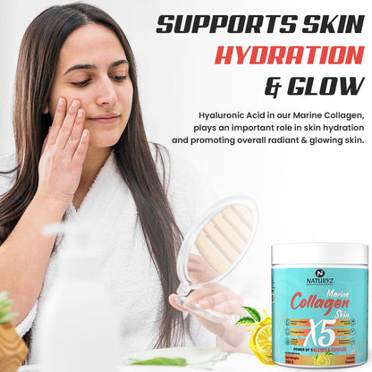 NATURYZ Marine Collagen Skin X5 for Women & Men | Premium Collagen Peptides | Power of 5 Blends | Hyaluronic acid, Biotin & Vitamin E | Supports Skin Radiance, Healthy Hair, Nails, Bone & Joints – 240g(Lemon Flavour)