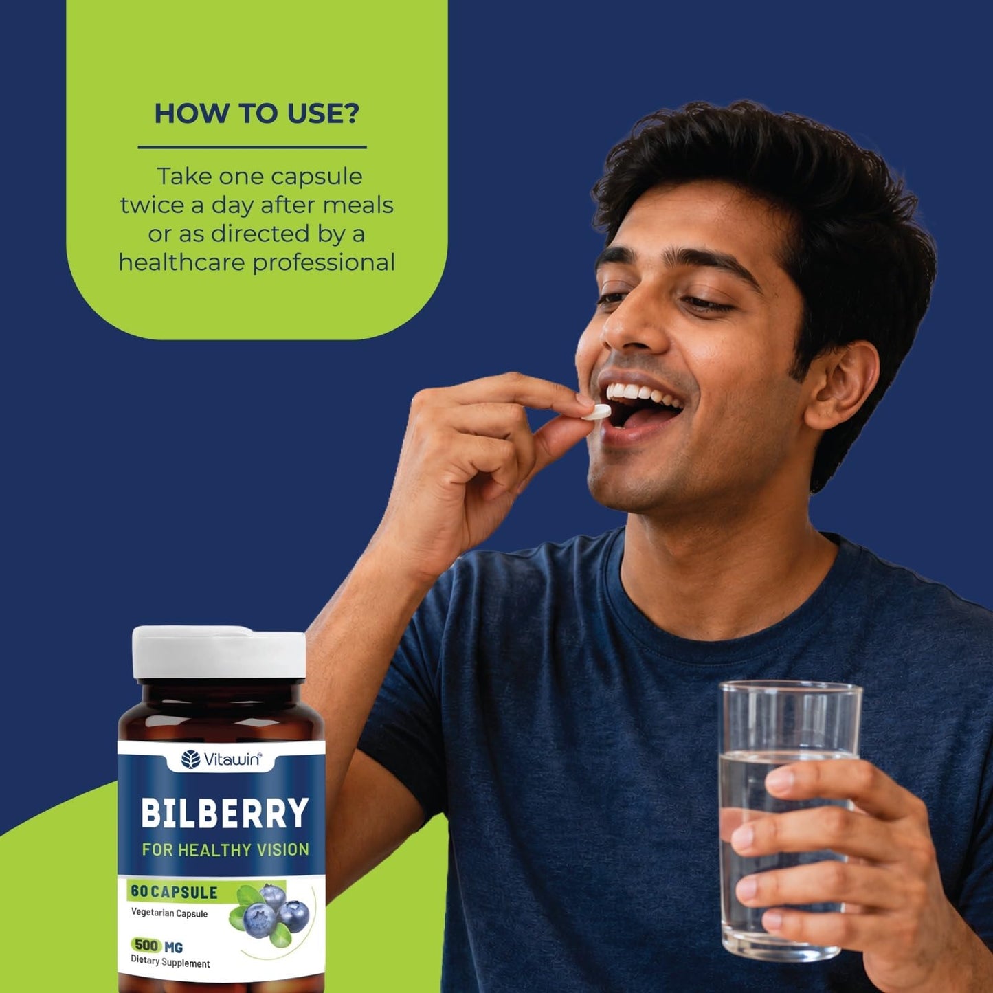 VitaWin Bilberry Extract 500mg for Eye Health & Vision Support | Rich in Natural Antioxidants | Supports Healthy Eyes, Retinal Wellness & Daily Screen Exposure | 60 Veg Capsules