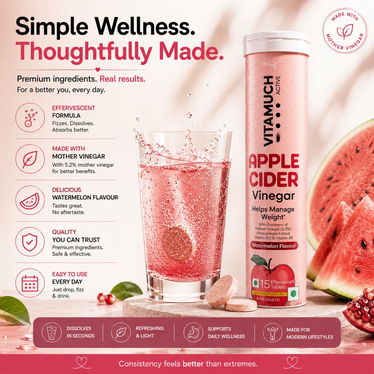 Vitamuch Apple Cider Vinegar Effervescent Tablets with Mother | Watermelon Flavour | ACV Drink Tablets for Daily Wellness | 15 Tablets Pack of 1