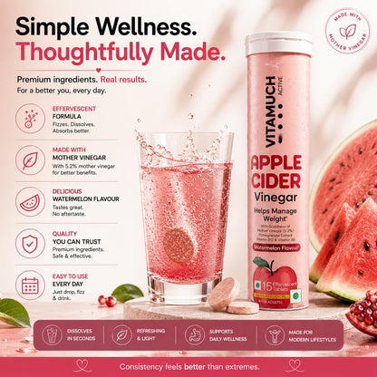 Vitamuch Apple Cider Vinegar Effervescent Tablets with Mother | Watermelon Flavour | ACV Drink Tablets for Daily Wellness | 15 Tablets Pack of 1