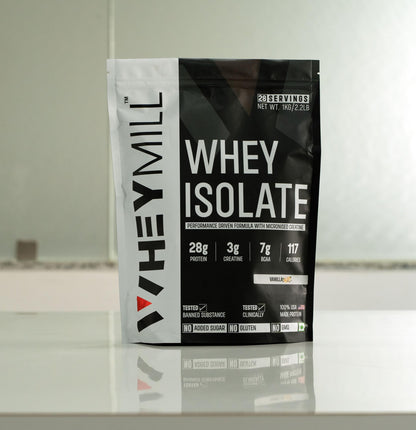 WHEYMILL 100% Whey Protein Isolate|28G Protein, 3G Creatine, 7G Bcaa|Easy Mixing, Low Carbs Whey Protein Isolate Supplement Powder With Creatine For Men, Women & Athletes (1 Kg|28 Servings|Vanilla)