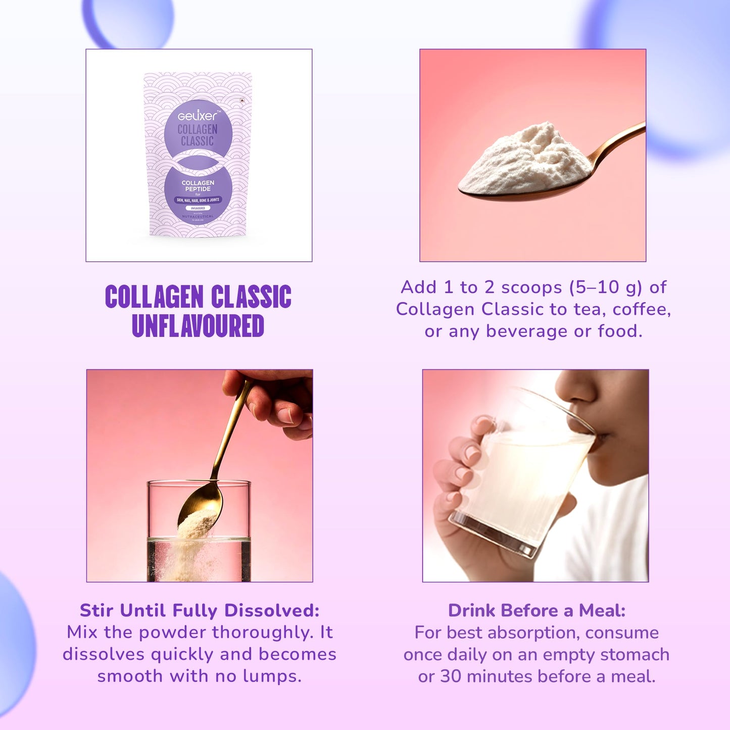 GELIXER Classic Unflavoured Collagen Powder 500g Premium Japanese Marine Collagen Peptides for Wellness of Skin, Hair, Nail, Bone & Joints