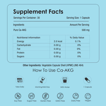 GATACA Pure Ca-AKG 500 mg Capsules for Cellular Energy & Healthy Aging | Calcium Alpha Ketoglutarate Supplement | Supports Mitochondrial Energy, Longevity & Vitality | 30 Vegan Capsules