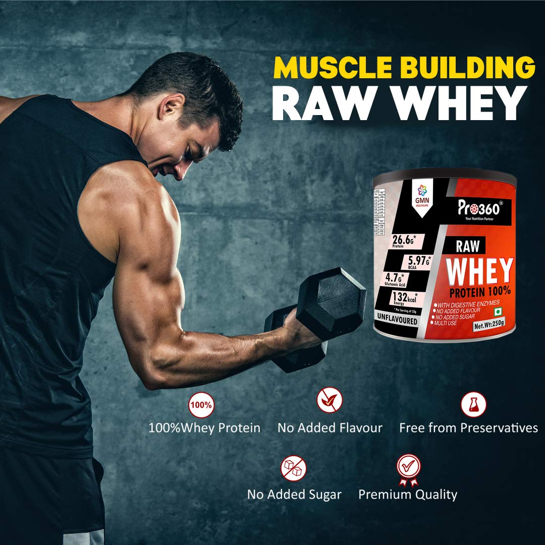 Pro360 Raw Whey Protein – Unflavoured, 250g, 26.6g Protein + 5.97g BCAA per Serving