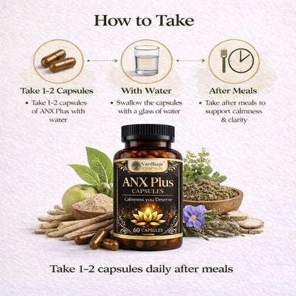 Vardham Ayurveda ANX Plus for Stress Relief & Mental Wellness | Anxiety Support with Ashwagandha, Shankhpushpi & Brahmi (Swarn Yukt) | Herbal Calm Mind & Sleep Support Supplement | 100% Ayurvedic Formula | 60 Capsules