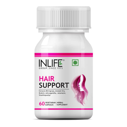 INLIFE Hair Support 500mg, Bhringraj Brahmi Ashwagandha, 60 Veg Capsules (Pack of 1, 60)