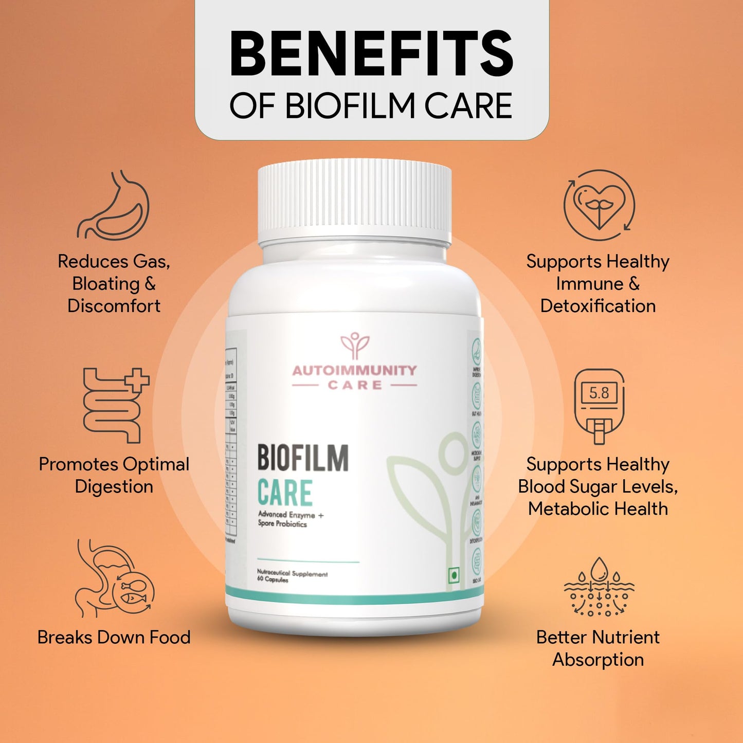 Autoimmunity Care Biofilm Care | Probiotics Supplement with Digestive Enzyme | Advanced Biofilm Defense for Gut Health, Digestion & Microbiome Support | Anti-Inflammatory Gut Cleanse for Men & Women | 60 Caps & Doses