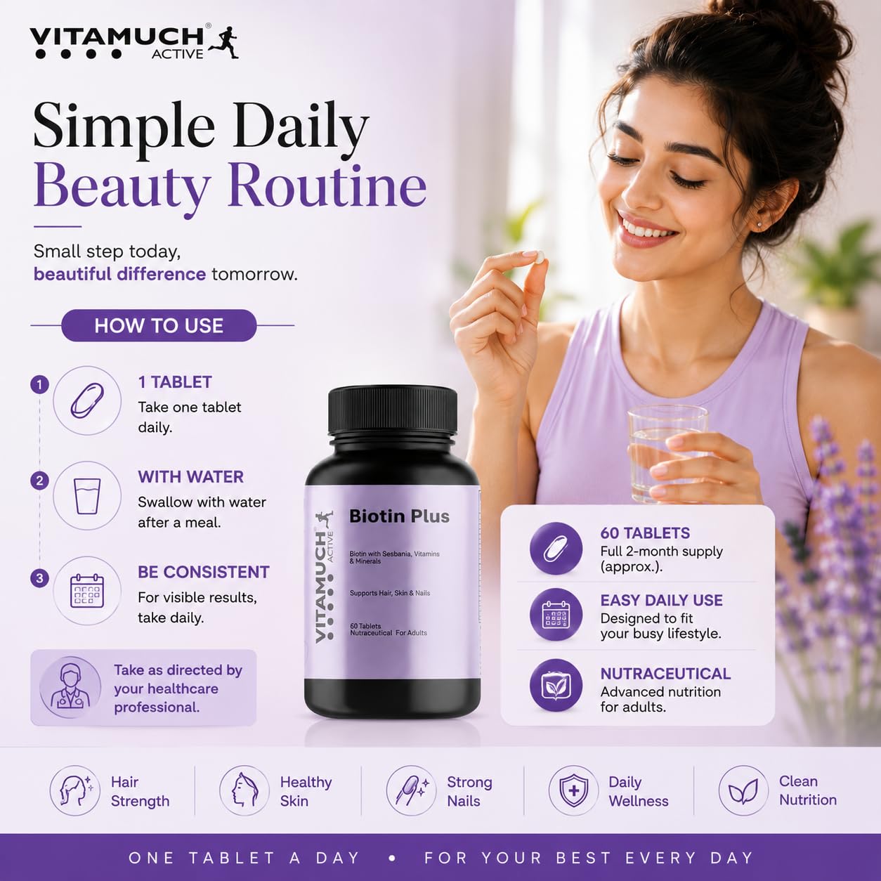 Vitamuch Biotin Plus Tablets with Zinc Iron Vitamins A C D3 E B12 Folic Acid | Hair Skin Nails Support Supplement | 60 Tablets