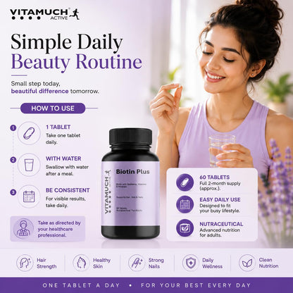 Vitamuch Biotin Plus Tablets with Zinc Iron Vitamins A C D3 E B12 Folic Acid | Hair Skin Nails Support Supplement | 60 Tablets