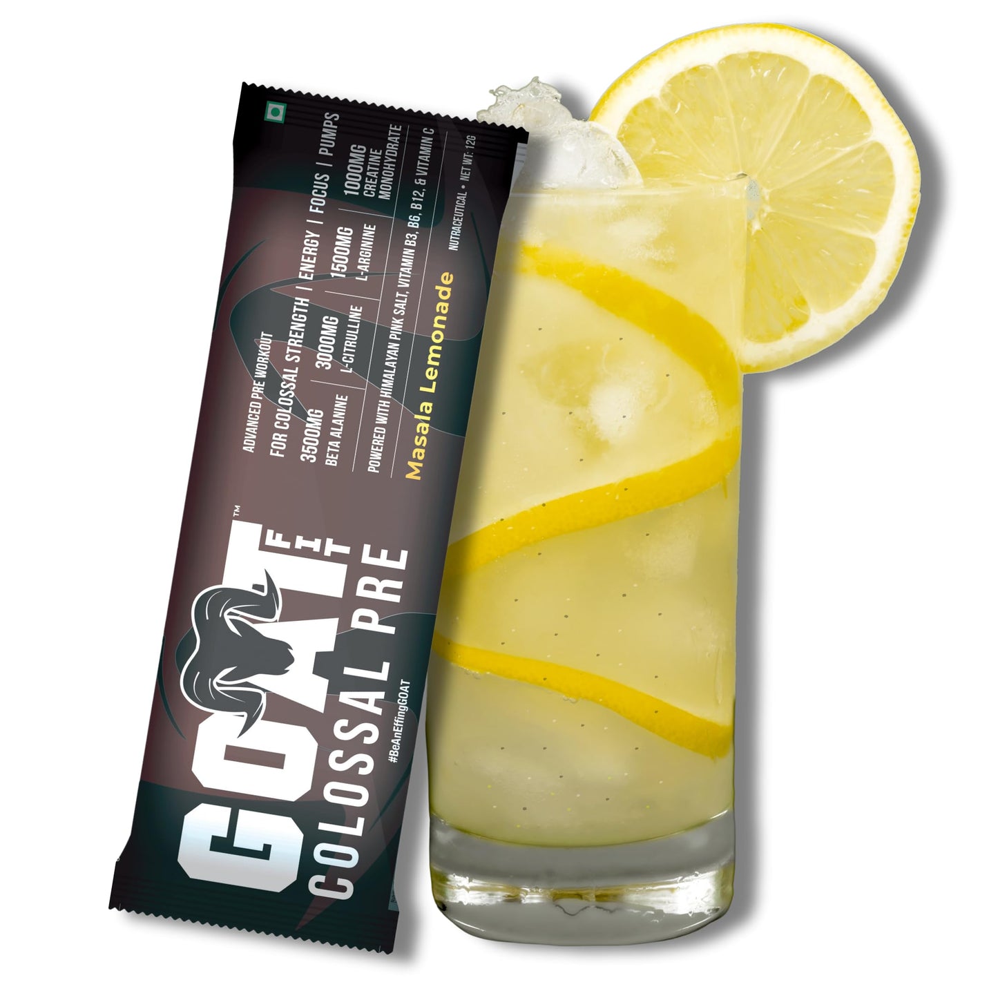 GOAT Fit Colossal Pre | PreWorkout Powder 200mg Caffeine 3.5g Beta-Alanine 3g Citrulline 1.5g Arginine 1g Creatine with Himalayan Pink Salt (12gm Single Serving, Masala Lemonade)