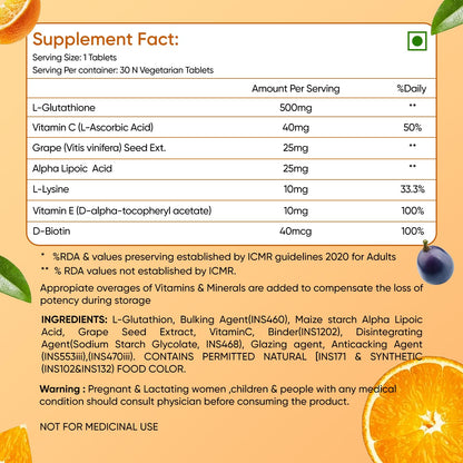 Herbalmax L-Glutathione 500mg Tablets with Vitamin C, Grape Seed Extract & Alpha Lipoic Acid – Dietary Supplement for Radiant Skin, Pigmentation & Dark Spot Support – 30 Veg Tablets
