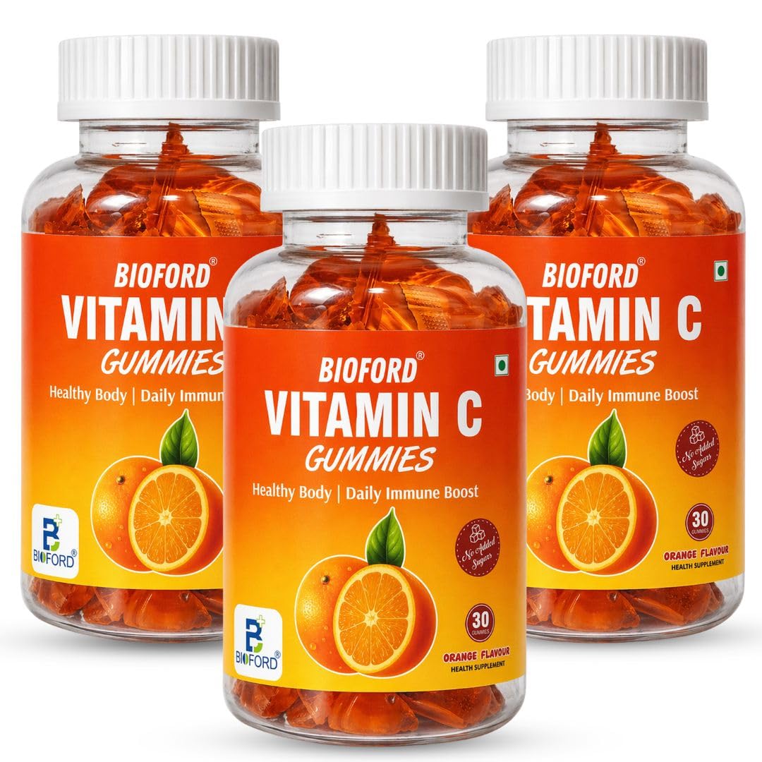 Bioford Vitamin C Gummies with Zinc for Daily Immunity Booster & Antioxidant Support Supplement for Healthy Skin, Hair & Nails, Skincare Orange Flavour Chewable Gummies,Nutraceutical Immune Support