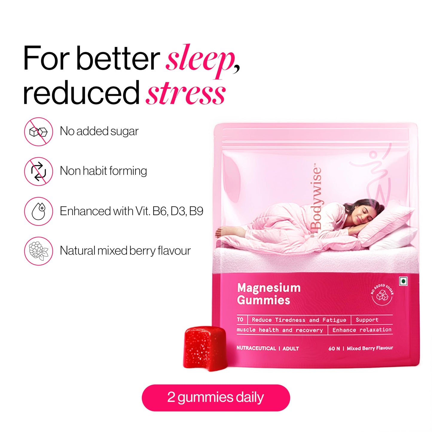 Be Bodywise 5 in 1 Magnesium Glycinate Supplement Gummies For Improved Sleep | 30 Days Pack | 360 mg Magnesium Glycinate with Malate and other Salts Complex | Higher Absorption Relieves Stress, Supports Muscle Recovery & Bone Health | Non Habit Forming