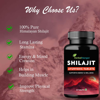 Herbal Hanger Shilajit Ayurvedic Tablets with Ashwagandha, Shatavari, Gokshura & Black Musli | 30 Tablets | 100% Ayurvedic for Strength, Stamina and Power | for Men