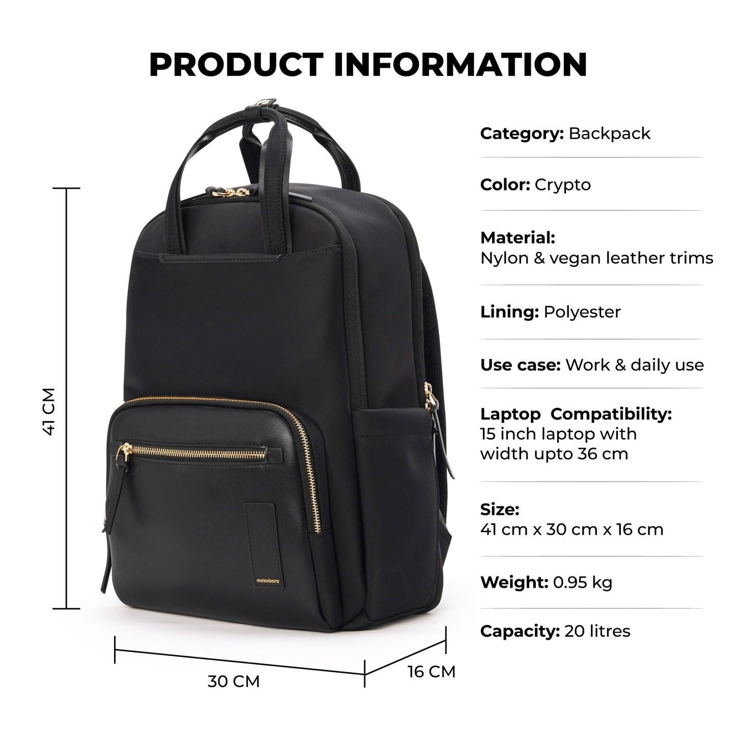 MOKOBARA Sundae Backpack | Fits 15 Inch Laptop, 20L Capacity, Scratch-Free Microsuede Lining | Water Resistant Soft Nylon Fabric, Vegan Leather Trims | Organized Travel | Money Moves, Black