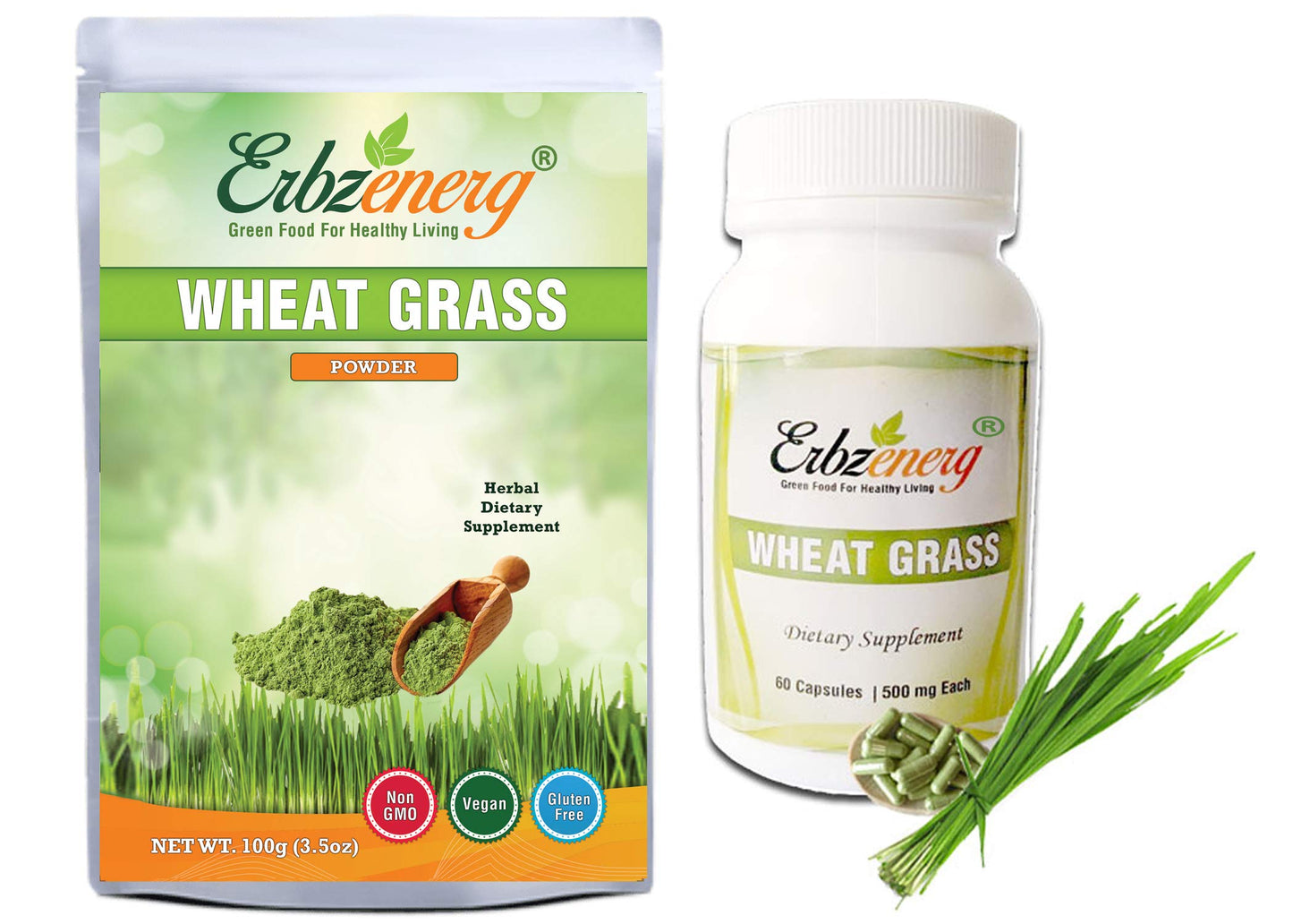 ERBZENERG Organic WHEATGRASS Powder 100g and 60 Capsules