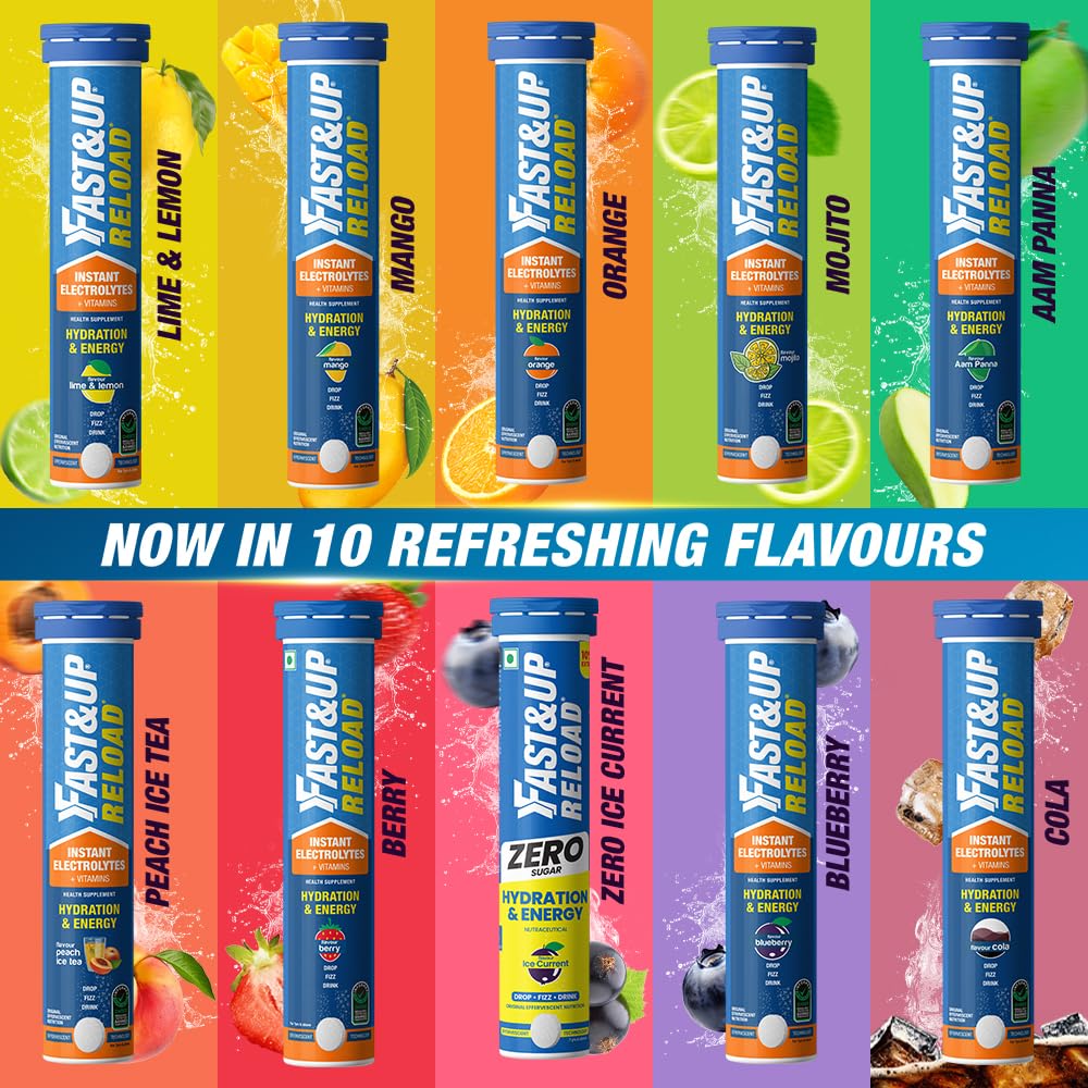 Fast&Up Reload Zero - Zero Sugar Instant Energy & Hydration Drink - Lime Lemon Flavour - 25 Effervescenet Tablets