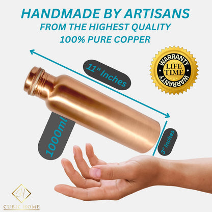 CUBIC HOME Ayurvedic Pure Copper Water Bottle 1000 ml For Drinking | Travel Water Bottle for Gym, Office, Hiking, Outdoor, Home and Gifting | Lab-Tested, Leak-Proof | (Smooth Finish Bottle)