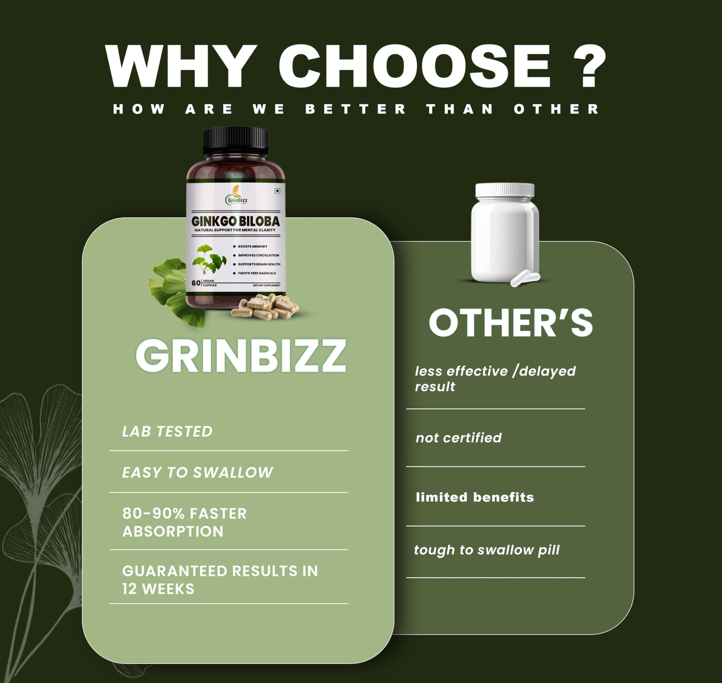 Grinbizz Ginkgo Biloba Capsules | Supports Memory, Focus & Brain Health | Improves Circulation & Mental Clarity | Antioxidant Herbal Supplement | 60 Capsules