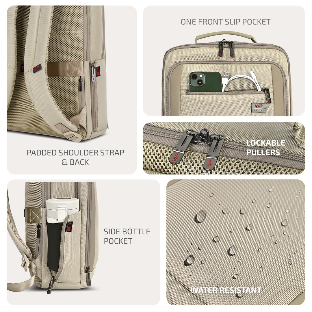 VIP VOGUE 17 Inch Compatible Laptop Backpack 22L | Water-Resistant with 3 Compartments | Padded Laptop Sleeve, Side Bottle Pocket, Front Organizer | Office & Travel Backpack for Men & Women (Beige)