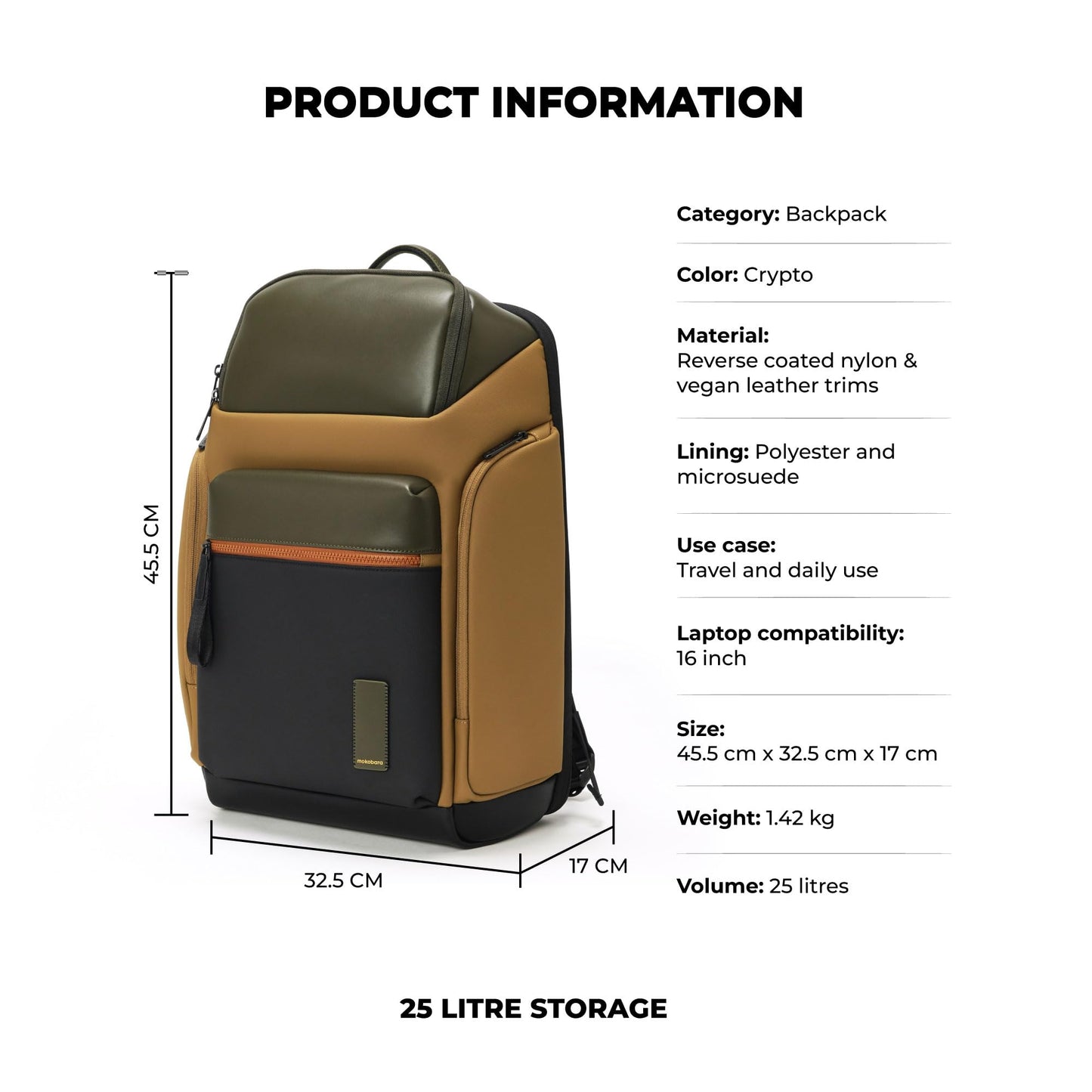 MOKOBARA The Astronaut Backpack | 25 Liter Capacity, Fits 16 Inch Laptop, Durable Nylon & Vegan Leather | Ideal For Work & Travel, Ergonomic Design & Breathable Back Panel (On The Rocks)