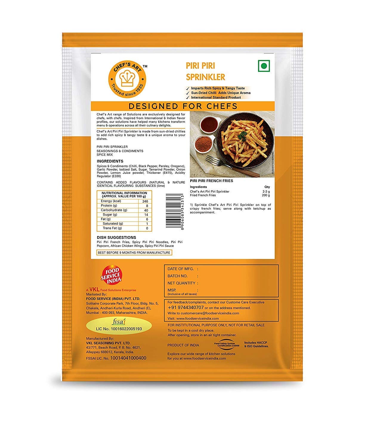 Chef's Art-Piri Piri Sprinkler-Treat For Any Snack,Pack Of 250 Gm,Cilantro,Powder|For French Fries,Popcorn,Pasta & Snacks|No MSG,Vegetarian|Spices Mix|Restaurant Style Flavor