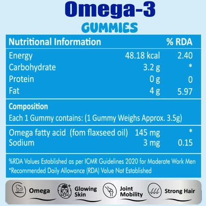 Knoll Healthcare Nutrinol Organics Vegan Omega-3 Flaxseed (145mg) Healthy Bones, Hair & Skin Glwing Skin Joint Strong Hair Veg Soft Gummies for Women & Men (Blueberry Flavour) 30 Gummies