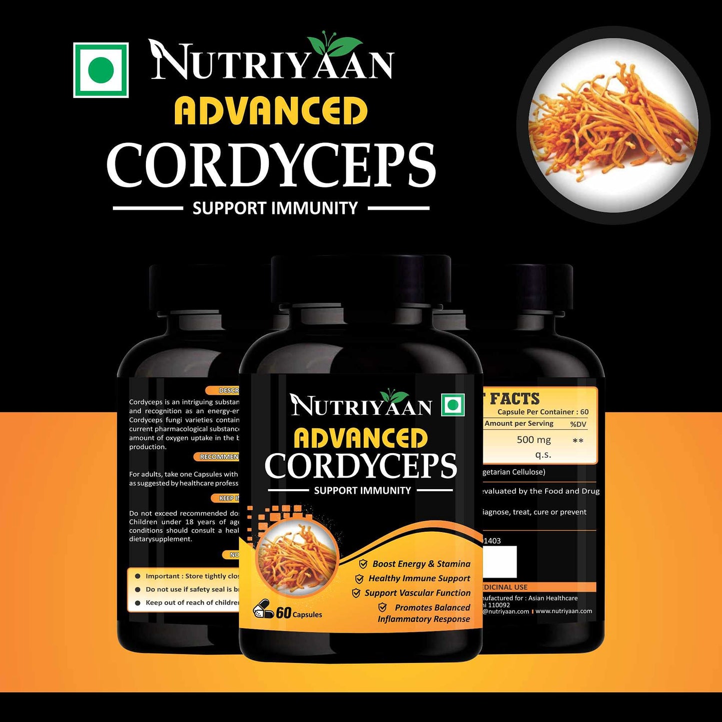 Nutriyaan Cordyceps Performance Supplement for Energy, Stamina, Endurance, 500mg (60 Capsules)