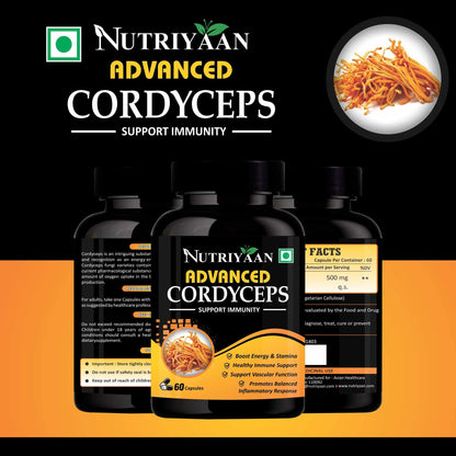Nutriyaan Cordyceps Performance Supplement for Energy, Stamina, Endurance, 500mg (60 Capsules)