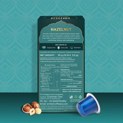 Coffeeza Hazelnut Flavoured Aluminium Coffee Capsules, Intensity - 7 |100% Arabica | Nespresso Compatible Coffee Pods | Box of 1 (10 Capsules)