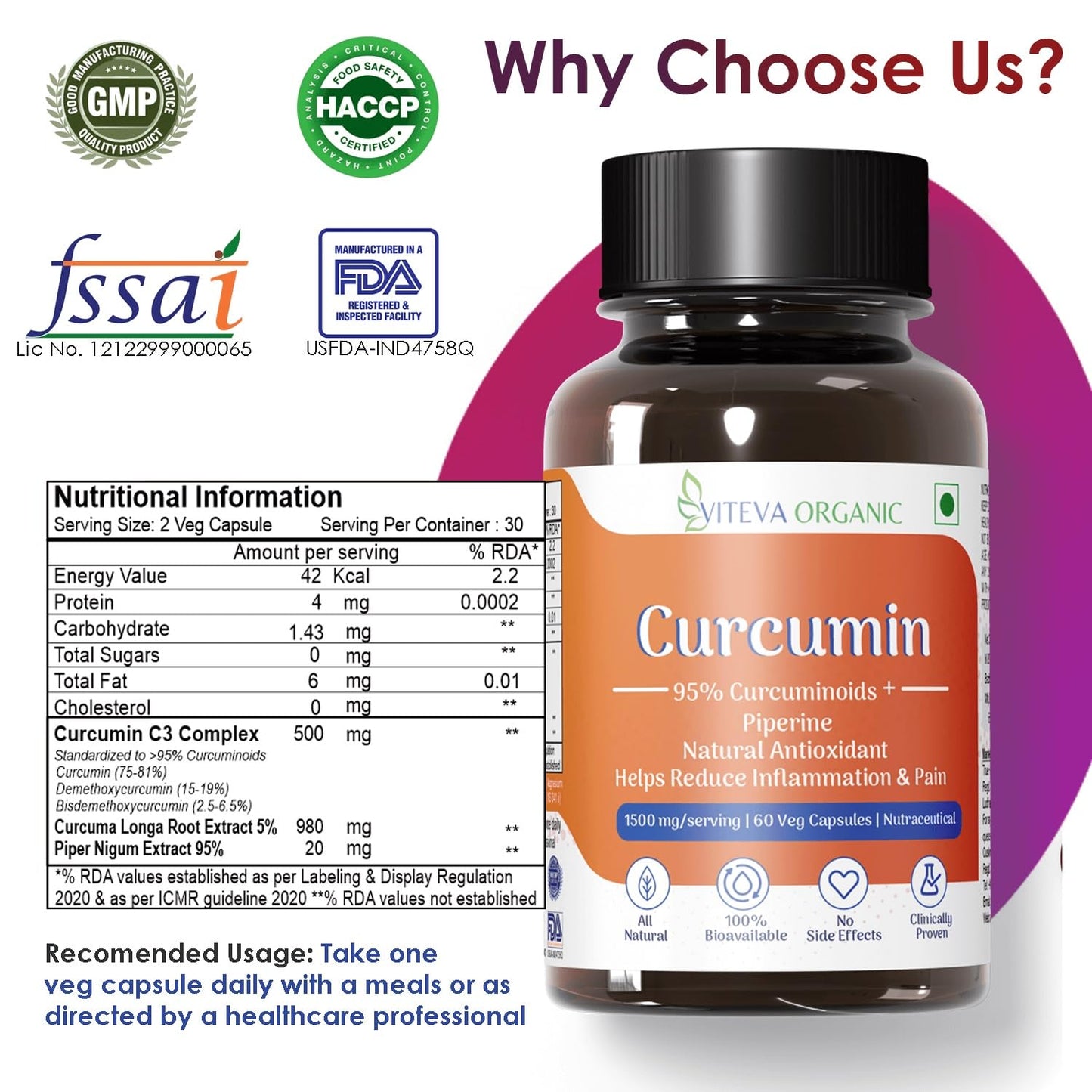 VITEVA ORGANIC Curcumin With Piperine (1500Mg Curcumin 95% Per Serving), Premium Turmeric Extract, 60 Vegetable Capsules With Piperine (Pack of 1)