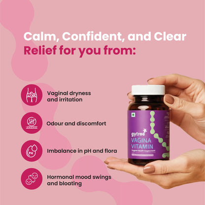 Gytree Vagina Vitamin for Women | Supports Vaginal pH Balance, Fresh Odour & Comfort | Helps Reduce Dryness | Promotes Hormonal Health, Hydration & Flora Bacterial Vaginosis Relief | With Probiotics, Zinc & Hyaluronic Acid – 30 Capsules