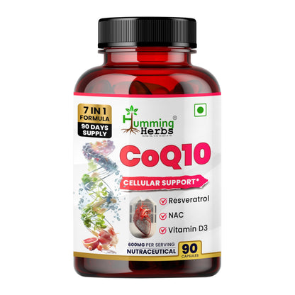 Humming Herbs CoQ10 Supplement 7-in-1 with Resveratrol NAC ALA Magnesium Vitamin K2 (MK-7) & Vitamin D3 – Cellular Energy & Antioxidant Support – 90 Veg Capsules