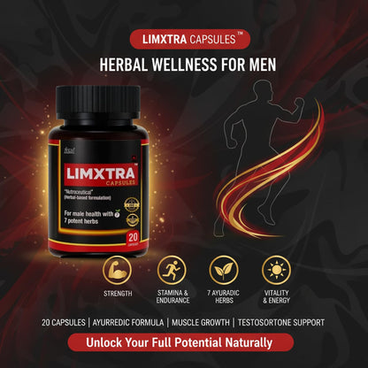 LIMXTRA Testosterone Support for Men | Ayurvedic Formula Ashwagandha, Shatavari, Gokshura, Kauch Beej, Biloba & Asian Red Ginseng | For Energy, Stamina, Vitality & Muscle Mass (20 Capsules)