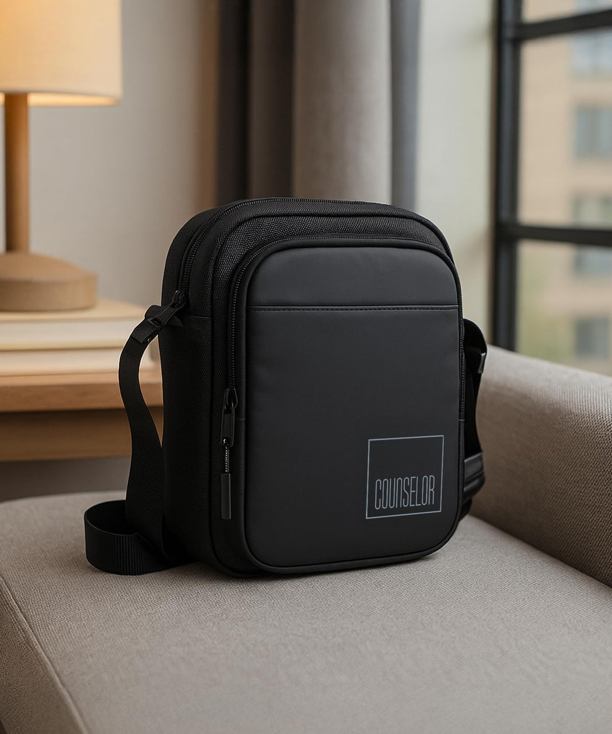 COUNSELOR Sling Bag for Men and Women, Polyester Crossbody Bag, Adjustable Strap, Zipper Closure, Multiple Compartments, Lightweight Stylish Mini Side Bag for Daily Use, Travel LUNO (Black)