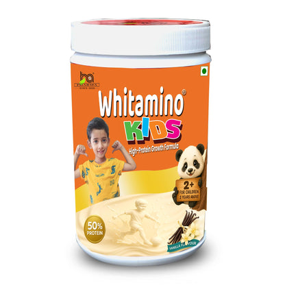 Whitamino, kids protein powder (2-10 Years) – High-Protein Nutritional Drink for Children with 12.5g Protein, 26 Vitamins & Minerals – Vanilla Flavor, 250g