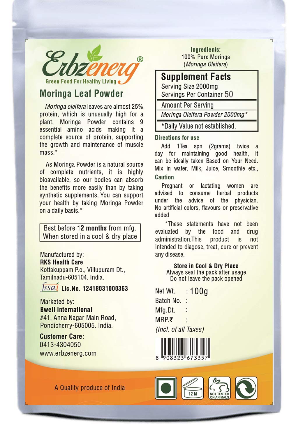 ERBZENERG Organic MORINGA Powder 100g and 60 Capsules