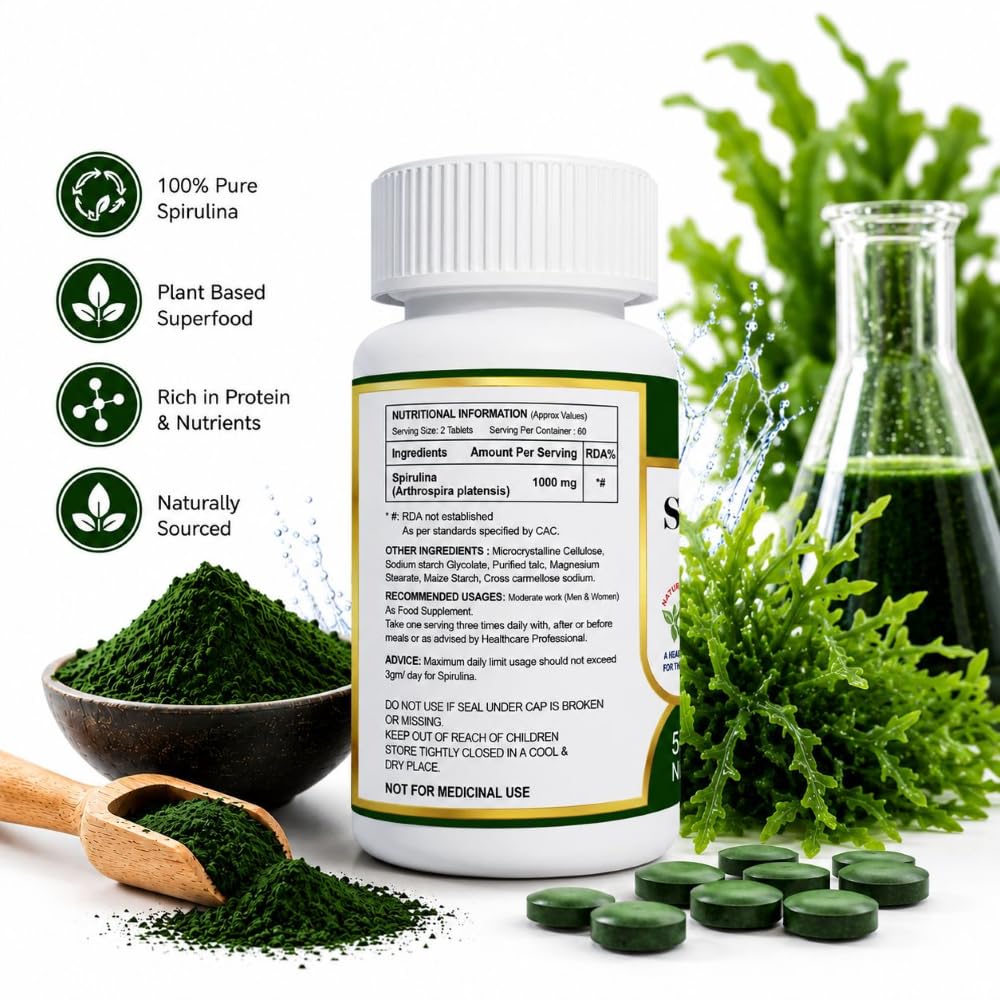 ANJIX Spirulina Tablets 500 mg | Plant Based Superfood Supplement for Energy Immunity & Daily Wellness | Vegetarian Tablets Pack of 120