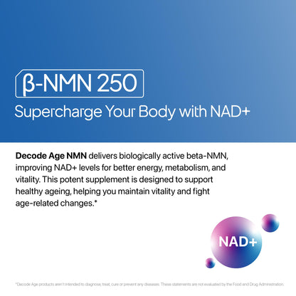 Decode Age NMN Supplement, 99.9% Pure Beta NMN, NAD+ Booster for Energy, Cellular Repair & Skin Health, 250mg, 30 Veg Capsules