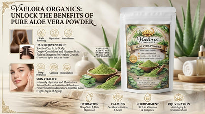 Vaelora Organics Aloe Vera Powder (Pack of 2 x 100g) – 100% Pure & Natural for Skin Hydration, Face Pack & Hair Care | Soothing & Nourishing | Chemical-Free (200g)