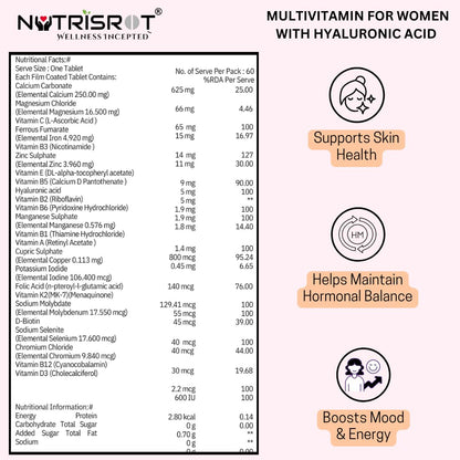 NUTRISROT̖ Complete Multivitamin Supplement For Women with Hyaluronic Acid, Vitamin A, B Complex, Vitamin B12, C, D3, K2-7, Biotin, Folate| Calcium, Magnesium, Iron, Zinc, Selenium| For Skin Glow, Immunity, Energy, Bone & Brain Health (60 tabs)