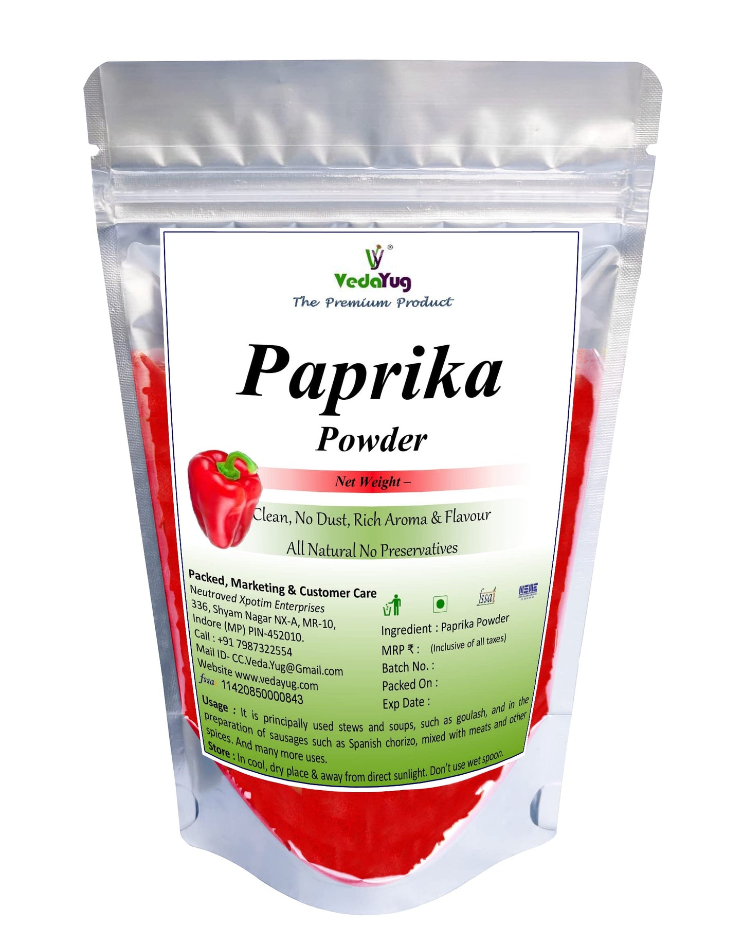 VY VedaYug Red Sweet Paprika Powder 100g | 100% Pure Non-Smoked Paprika | Mild Chilli Powder for Cooking, Pizza, Pasta & Seasoning | No Preservatives
