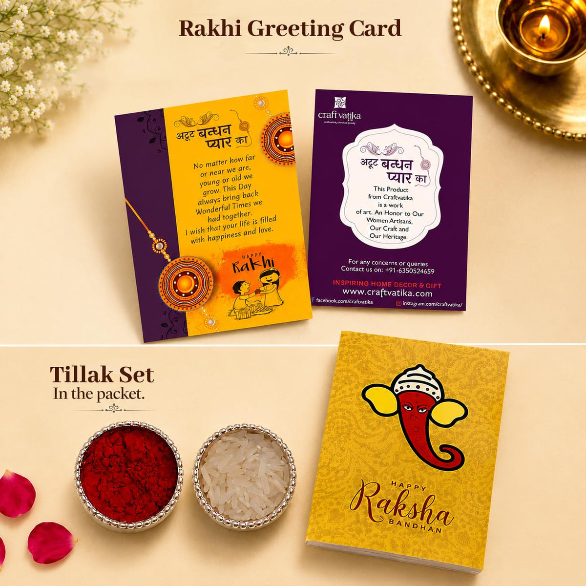 Rakhi Gift for Brother Bhabhi with Cadbury Celebration Chocolates Pack, Rakhi Gift for Bhaiya Bhabhi with Rakshabandhan Greeting Card, Stone Studded Beaded Floral Rakhi for Brother Bhabhi with Cadbury,Greeting Card, Tilak set