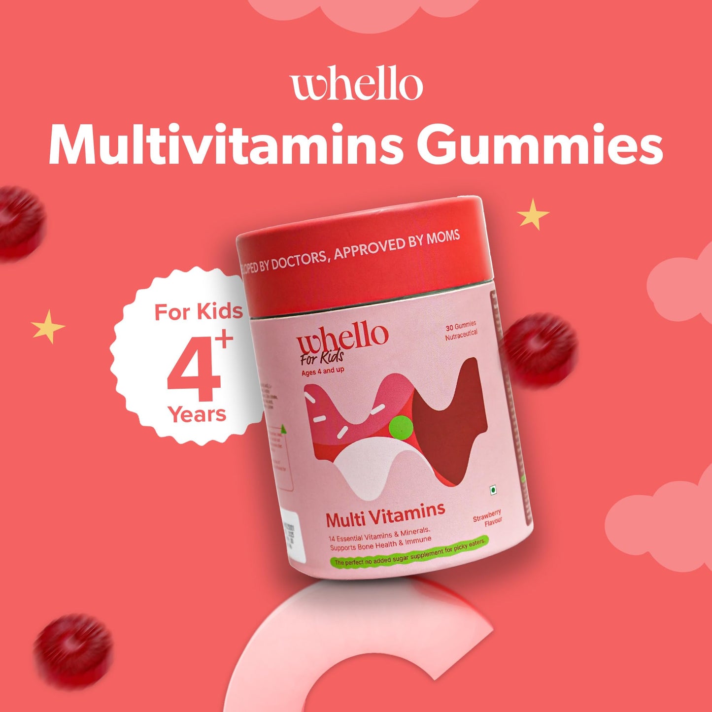 WHELLO Multivitamin Gummies for Kids | 4+ Years | 30 Gummies | With Real fruit and Vegetables , Vitamin D, C, Zinc, K and Vegan | No Added Sugar | Doctor Formulated (Strawberry Flavour), Improves Immunity & Bone heath