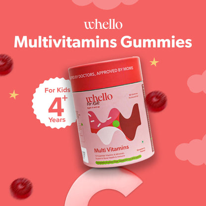 WHELLO Multivitamin Gummies for Kids | 4+ Years | 30 Gummies | With Real fruit and Vegetables , Vitamin D, C, Zinc, K and Vegan | No Added Sugar | Doctor Formulated (Strawberry Flavour), Improves Immunity & Bone heath