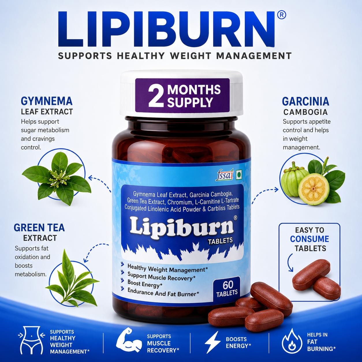 REOBABA Lipiburn® Tablets for Weight Management, with Garcinia Cambogia, Green Tea Extract & L-Carnitine, 60 Tablets