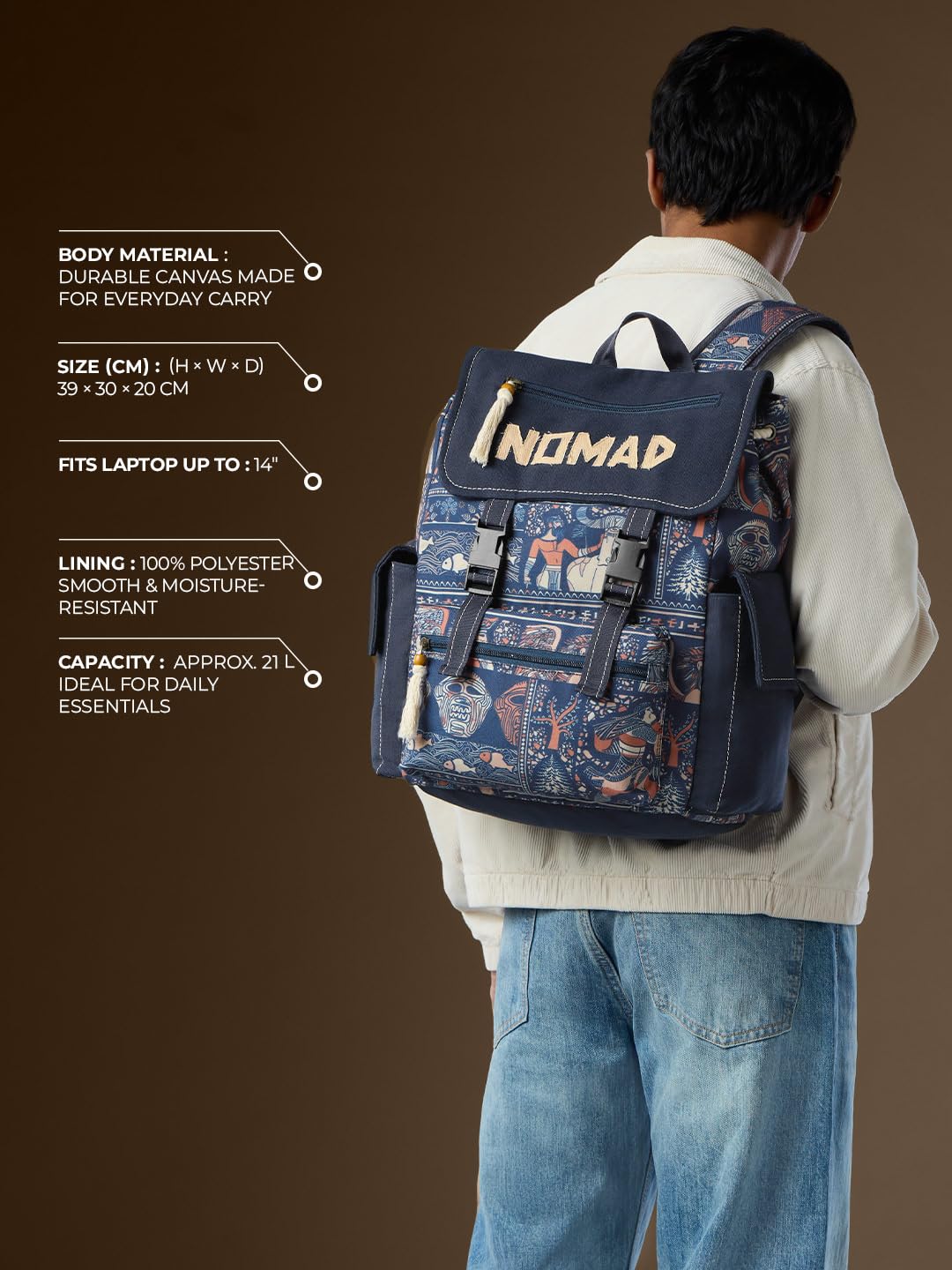 The Souled Store Nomad: Odyssey Backpacks | 21L Durable Canvas Laptop Bag for Men & Women | 15.5 Inch Padded Tech Sleeve & Breathable Air Mesh Back – Earthy Brown & Khaki
