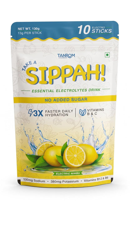 Tanrom Lifesciences TAKE A SIPPAH! Electrolyte Powder Drink Mix, Electric Nimbu (Lemon-Lime) Flavor, No Added Sugar Hydration, Vitamins B12, B6, and C, 10 Single-Serve Electro Sticks for Workouts, Travel, and Daily Recovery