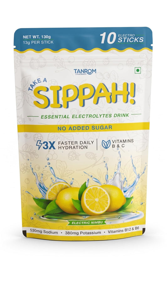 Tanrom Lifesciences TAKE A SIPPAH! Electrolyte Powder Drink Mix, Electric Nimbu (Lemon-Lime) Flavor, No Added Sugar Hydration, Vitamins B12, B6, and C, 10 Single-Serve Electro Sticks for Workouts, Travel, and Daily Recovery